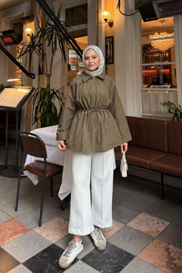 Taş Detay Bel Bağlamalı Trenç Haki Yeşil