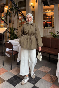 Taş Detay Bel Bağlamalı Trenç Haki Yeşil