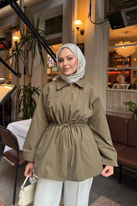 Taş Detay Bel Bağlamalı Trenç Haki Yeşil