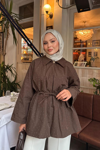 Taş Detay Bel Bağlamalı Trenç Kahverengi