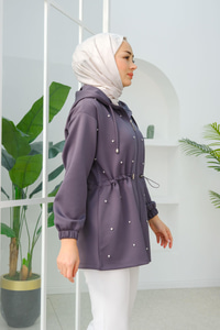 Taş Detay Bel Büzgülü Hırka Füme