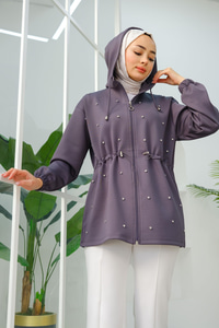 Taş Detay Bel Büzgülü Hırka Füme