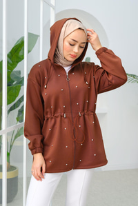 Taş Detay Bel Büzgülü Hırka Kahverengi