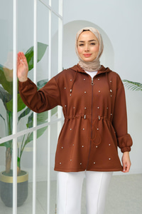 Taş Detay Bel Büzgülü Hırka Kahverengi