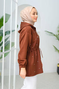 Taş Detay Bel Büzgülü Hırka Kahverengi