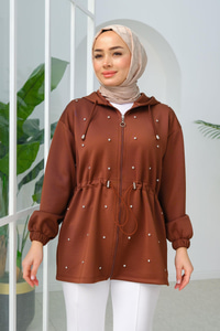 Taş Detay Bel Büzgülü Hırka Kahverengi