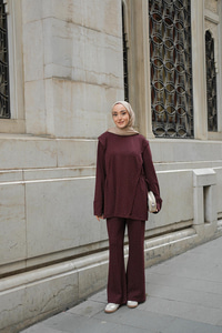 Taş Detay Beli Lastikli Takım Bordo