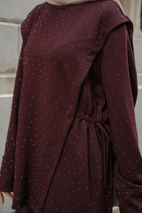 Taş Detay Beli Lastikli Takım Bordo