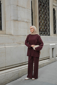 Taş Detay Beli Lastikli Takım Bordo