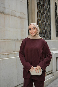 Taş Detay Beli Lastikli Takım Bordo