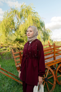 Taş Detay Ceketli Takım Bordo