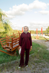 Taş Detay Ceketli Takım Bordo