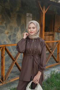 Taş Detay Ceketli Takım Kahverengi