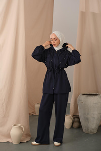 Taş Detay Ceketli Takım Lacivert