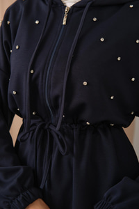 Taş Detay Ceketli Takım Lacivert