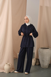 Taş Detay Ceketli Takım Lacivert