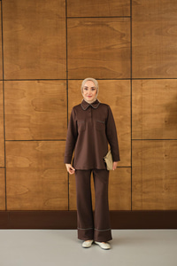 Taş Detay Cepli Takım Kahverengi