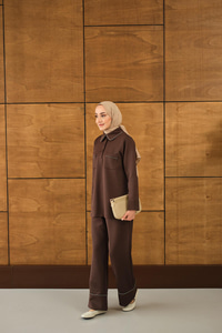 Taş Detay Cepli Takım Kahverengi