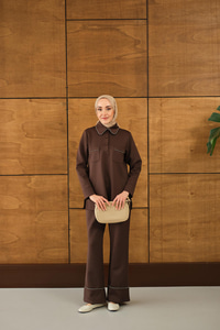 Taş Detay Cepli Takım Kahverengi