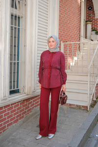 Taş Detay Düğmeli Gömlek Yaka Takım Bordo