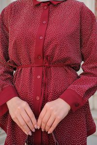 Taş Detay Düğmeli Gömlek Yaka Takım Bordo