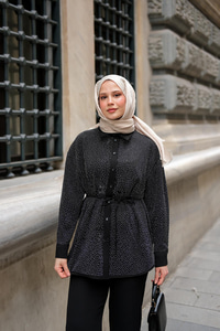 Taş Detay Düğmeli Gömlek Yaka Takım Siyah