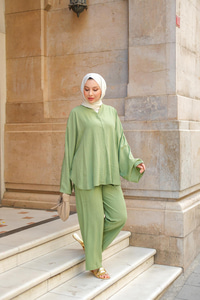Taş Detay Etekli Takım Haki Yeşil
