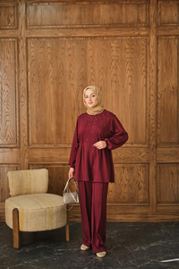 Taş Detay İkili Takım Bordo