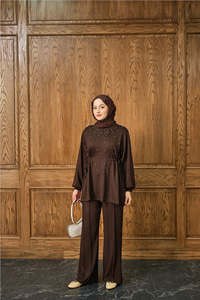 Taş Detay İkili Takım Kahverengi