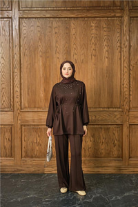 Taş Detay İkili Takım Kahverengi