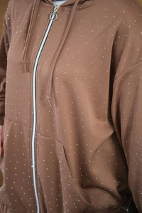 Taş Detay Kapüşonlu İkili Takım Açık Kahve