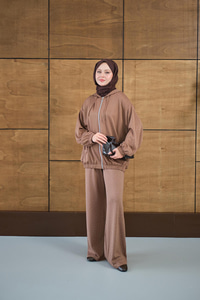 Taş Detay Kapüşonlu İkili Takım Açık Kahve