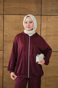 Taş Detay Kapüşonlu İkili Takım Bordo