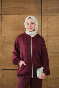 Taş Detay Kapüşonlu İkili Takım Bordo