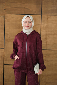 Taş Detay Kapüşonlu İkili Takım Bordo