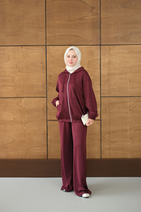 Taş Detay Kapüşonlu İkili Takım Bordo