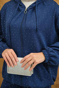 Taş Detay Kapüşonlu İkili Takım Lacivert