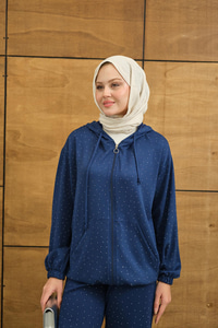 Taş Detay Kapüşonlu İkili Takım Lacivert