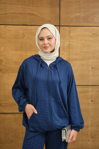 Taş Detay Kapüşonlu İkili Takım Lacivert