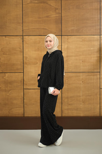 Taş Detay Kapüşonlu İkili Takım Siyah