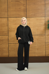 Taş Detay Kapüşonlu İkili Takım Siyah