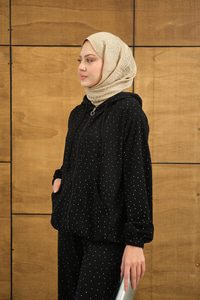 Taş Detay Kapüşonlu İkili Takım Siyah