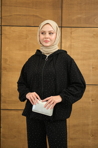 Taş Detay Kapüşonlu İkili Takım Siyah