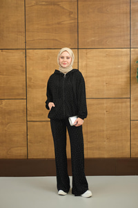 Taş Detay Kapüşonlu İkili Takım Siyah