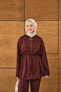 Taş Detay Kapüşonlu Takım Bordo