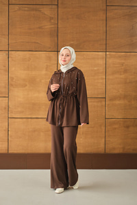 Taş Detay Kapüşonlu Takım Kahverengi