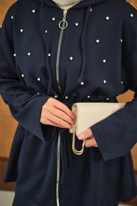 Taş Detay Kapüşonlu Takım Lacivert