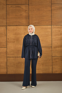 Taş Detay Kapüşonlu Takım Lacivert