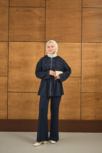 Taş Detay Kapüşonlu Takım Lacivert