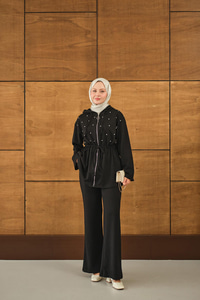 Taş Detay Kapüşonlu Takım Siyah